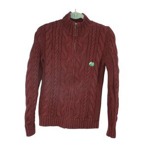 LL Bean Womens Double L Cable Sweater Zip Cardigan Maroon Size XS 100% Cotton